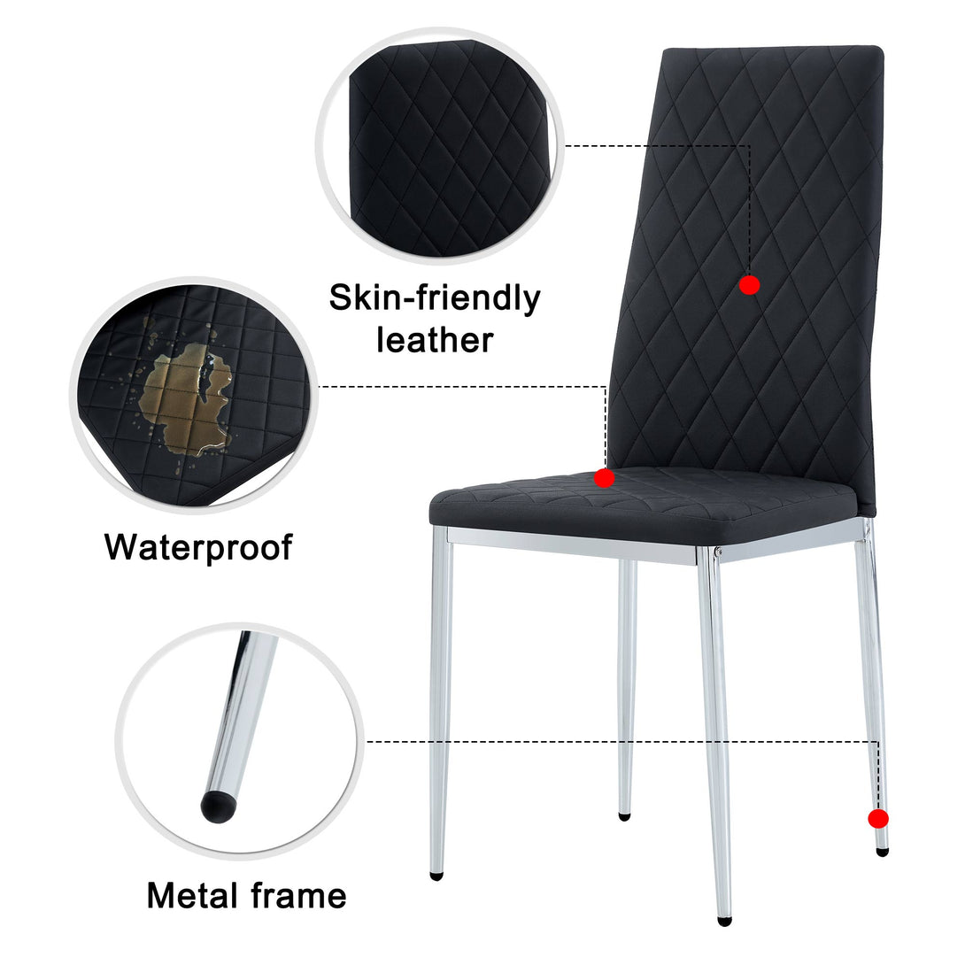 4 pcs Checkered Armless Faux Leather High Back Upholstered Padded Dining Chairs- Black_17