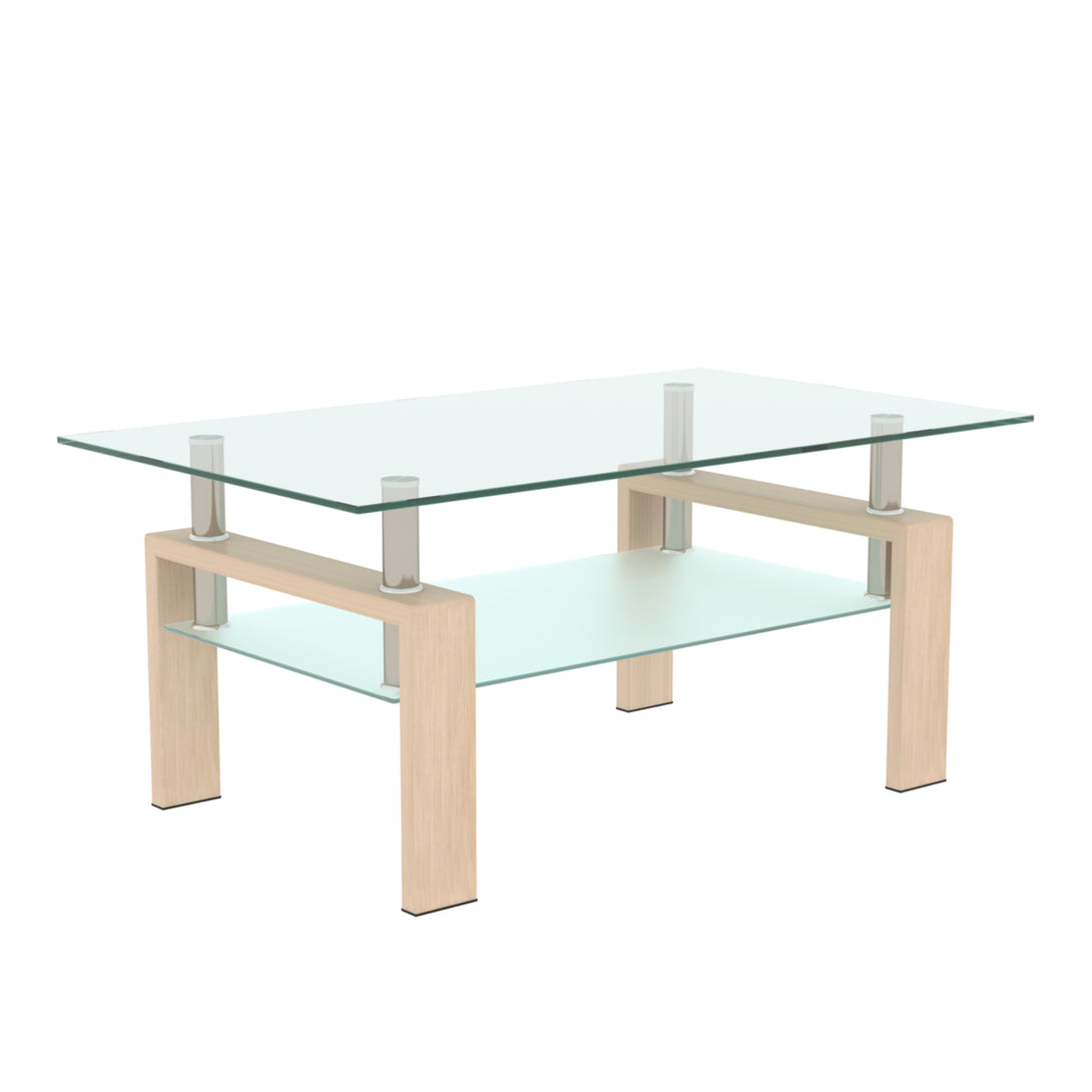 Double Layer Living Room Glass Coffee Table with Metal Legs- Clear Glass+Oak_3