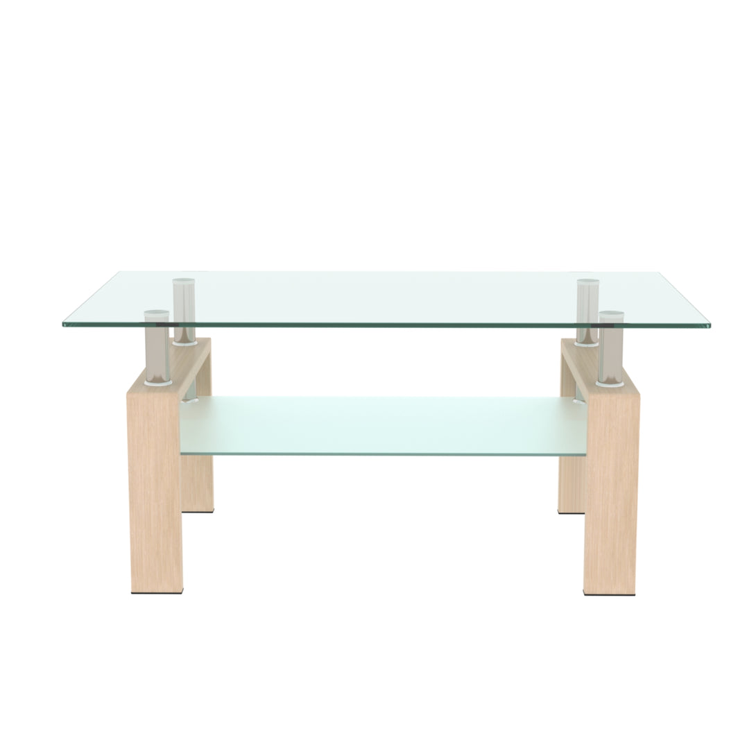 Double Layer Living Room Glass Coffee Table with Metal Legs- Clear Glass+Oak_4