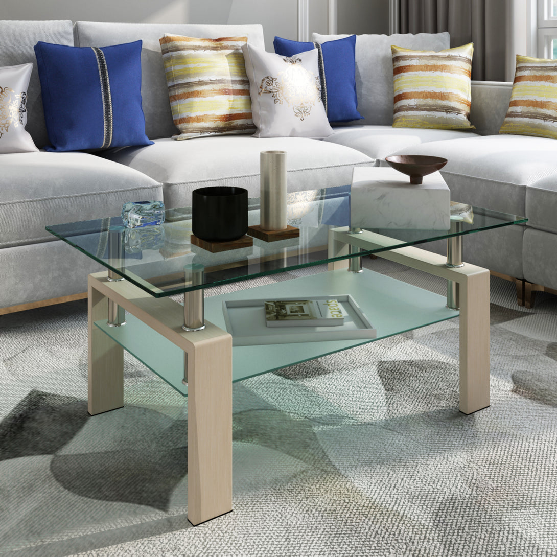 Double Layer Living Room Glass Coffee Table with Metal Legs- Clear Glass+Oak_1