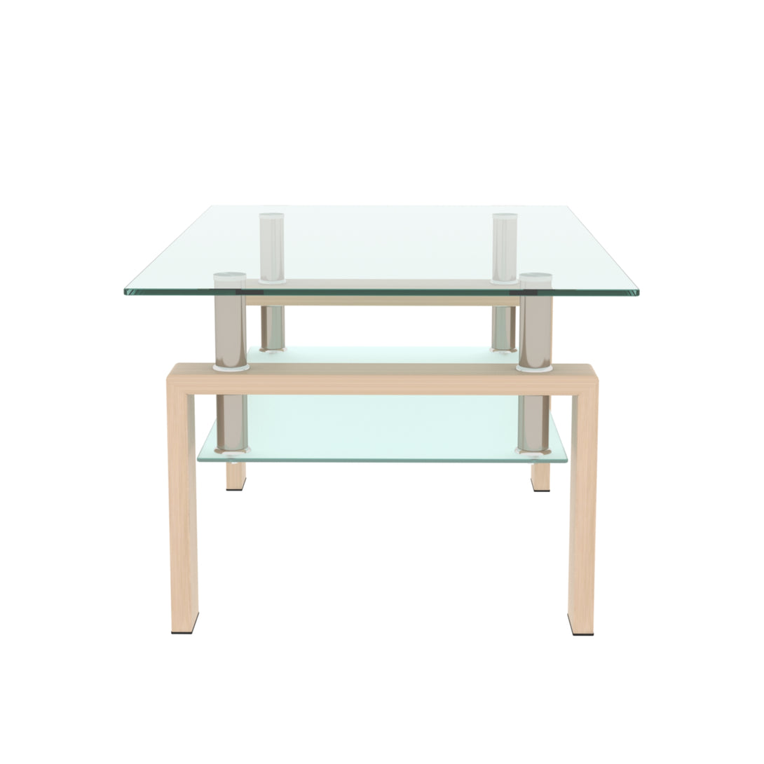 Double Layer Living Room Glass Coffee Table with Metal Legs- Clear Glass+Oak_5