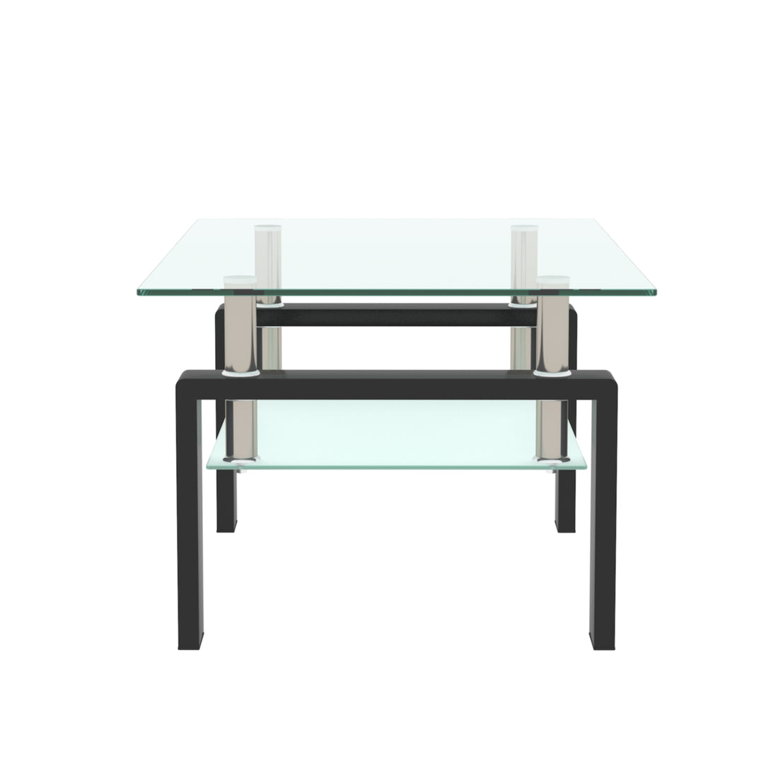 Rectangular Double Layer Living Room Glass Coffee Table with Metal Legs- Clear Glass+Black_4