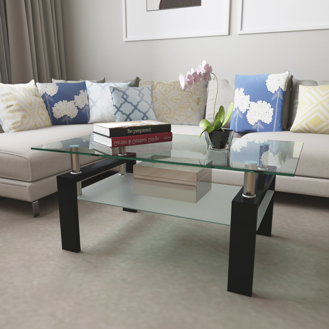 Rectangular Double Layer Living Room Glass Coffee Table with Metal Legs- Clear Glass+Black_1