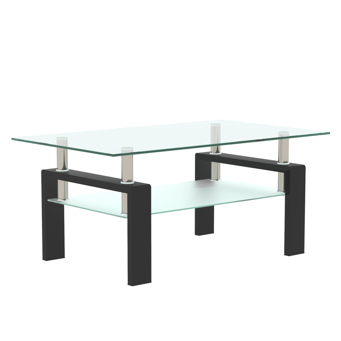 Rectangular Double Layer Living Room Glass Coffee Table with Metal Legs- Clear Glass+Black_3