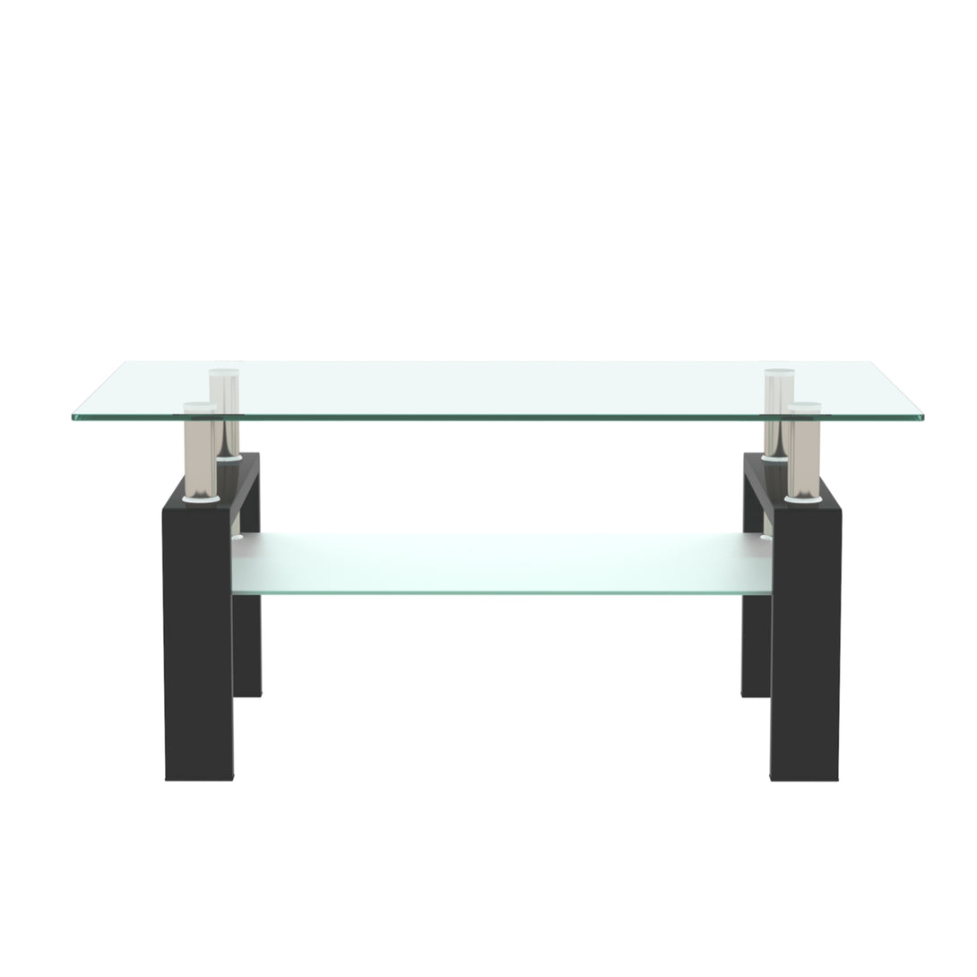 Rectangular Double Layer Living Room Glass Coffee Table with Metal Legs- Clear Glass+Black_5