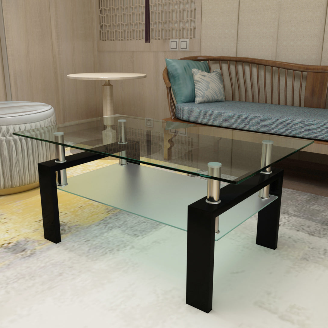 Rectangular Double Layer Living Room Glass Coffee Table with Metal Legs- Clear Glass+Black_2