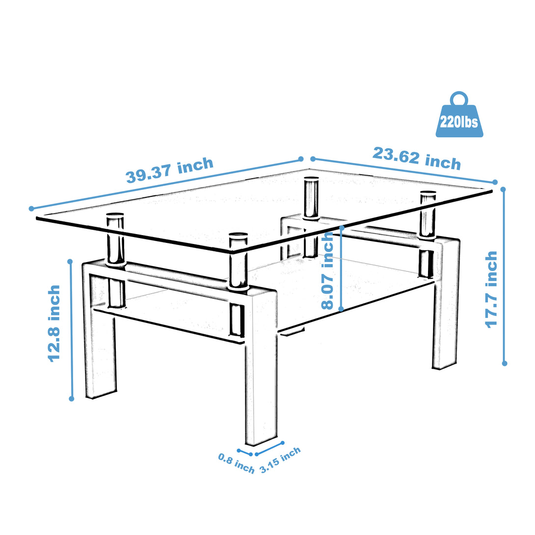 Rectangular Double Layer Living Room Glass Coffee Table with Metal Legs- Clear Glass+Black_11