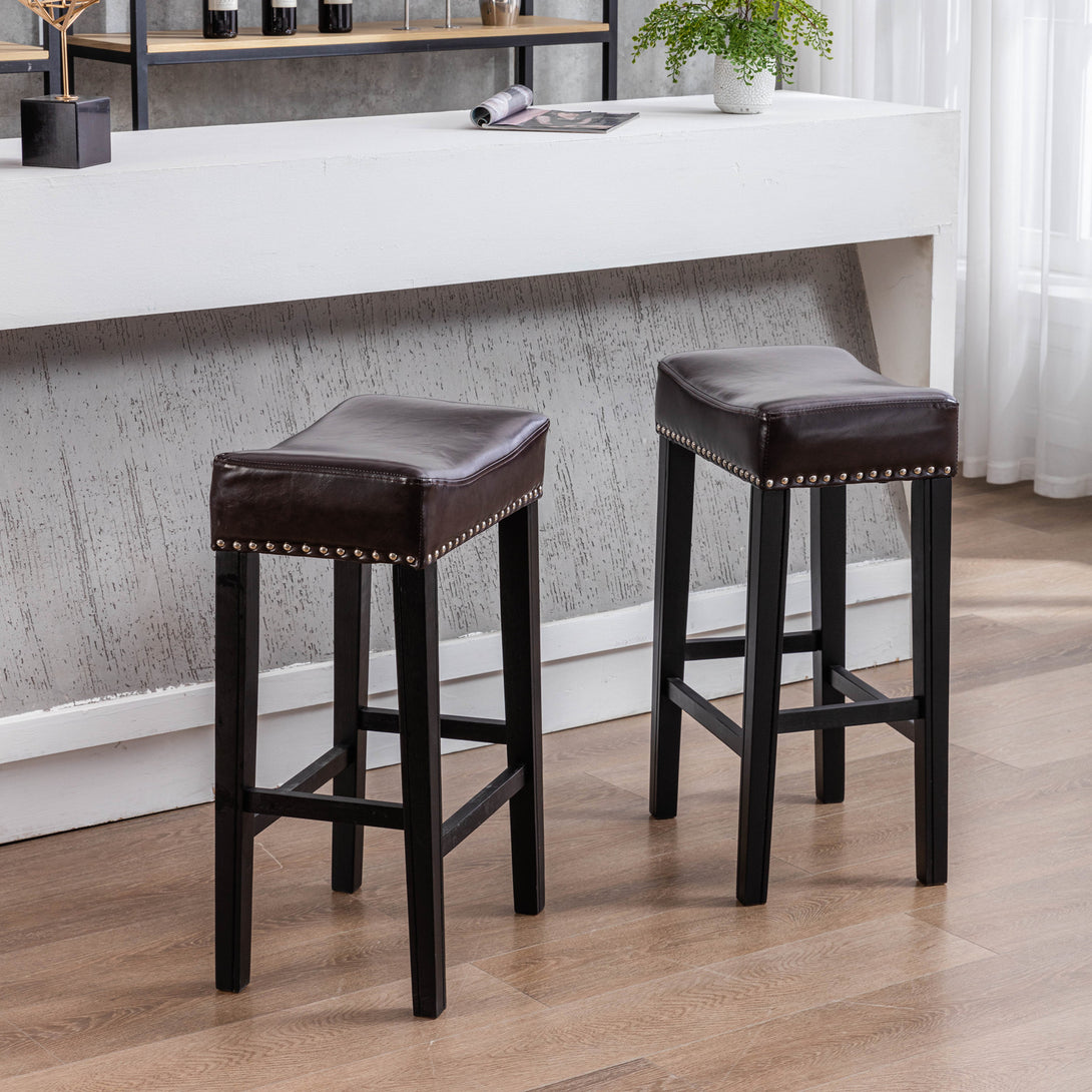 2 pcs 29" Backless Faux Leather Kitchen Counter Soft Sitting Stool Island Chair- Brown_1