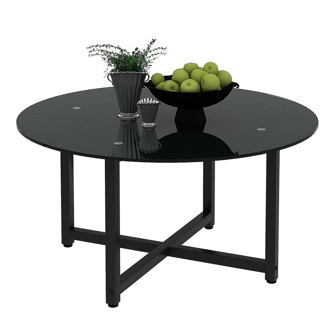 35.5'' Modern Design Round Clear Tempered Glass Coffee Table- Black_7