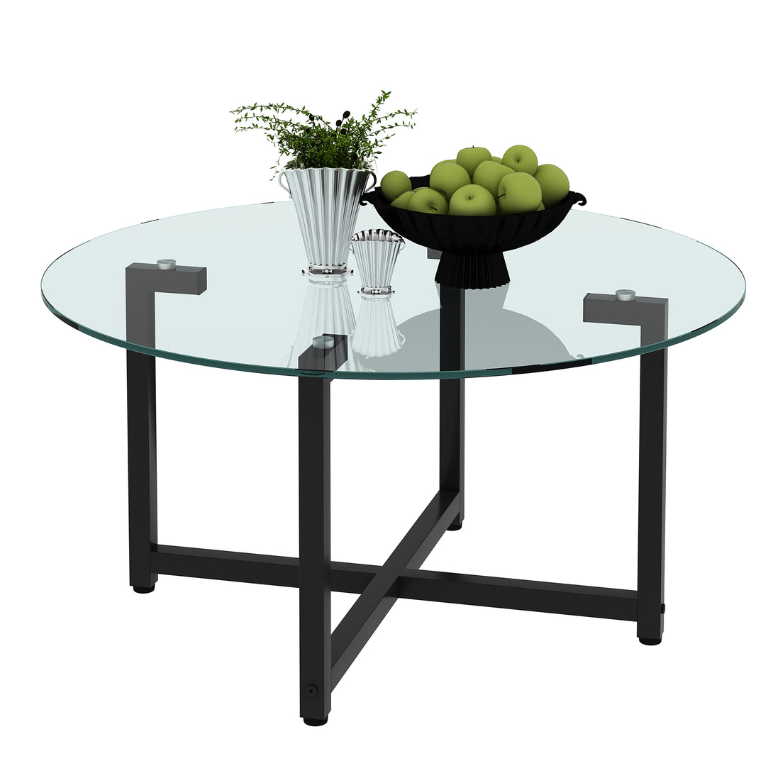 Modern Designed Tempered Glass Round Living Room Coffee Table- Glass+Black_7