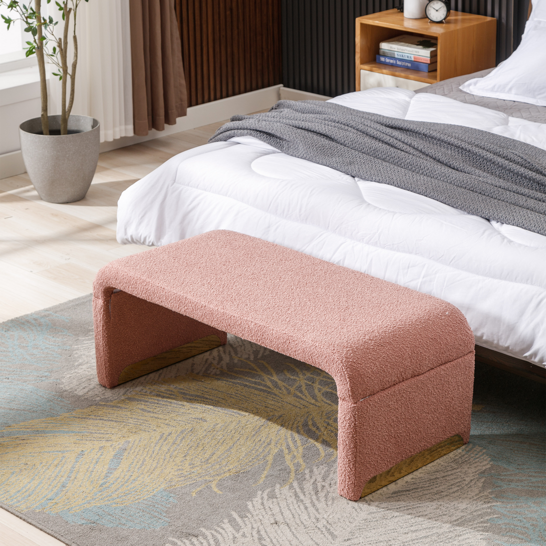 Boucle Fabric Loveseat Ottoman Bedroom Footstool With Gold Metal Legs- Pink_4