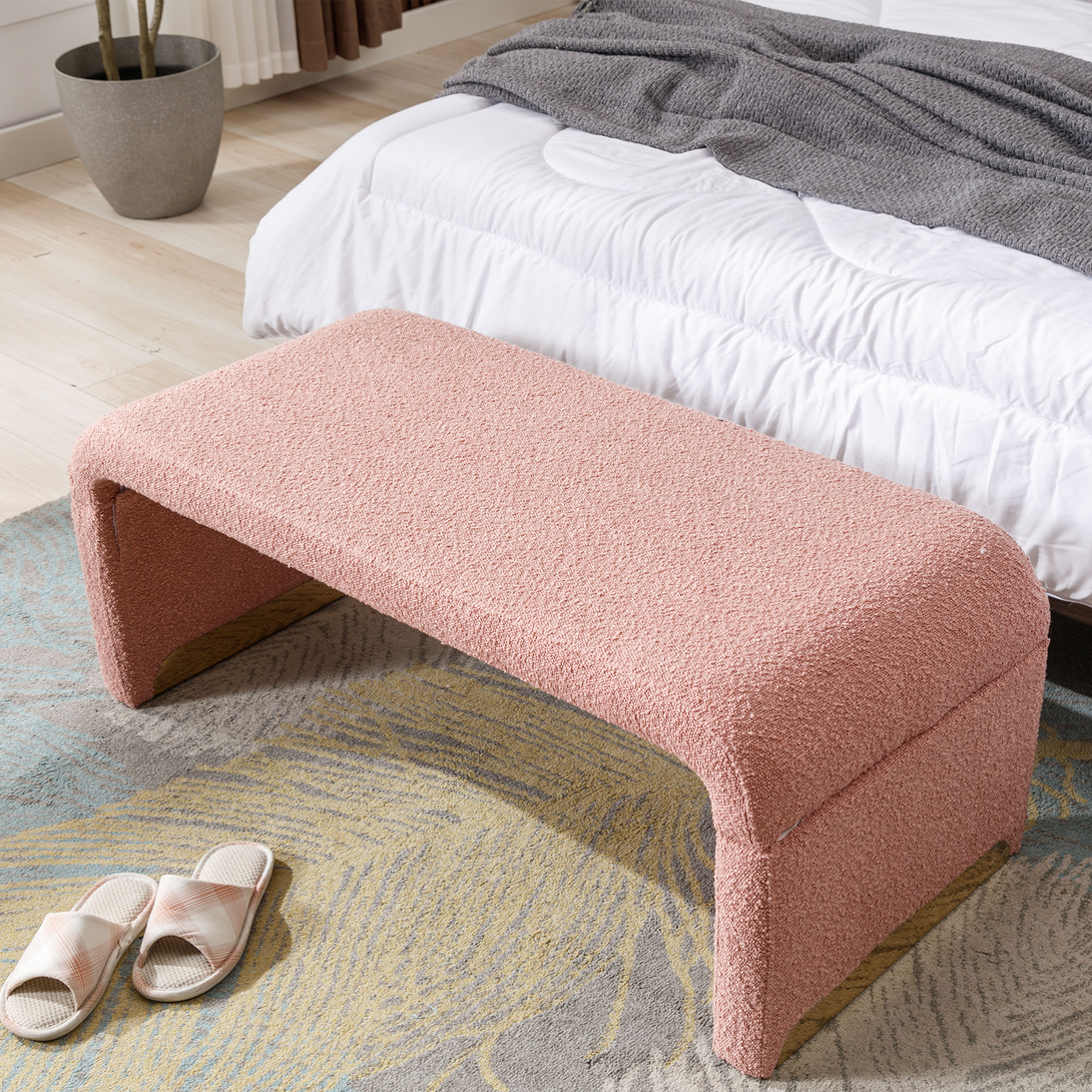 Boucle Fabric Loveseat Ottoman Bedroom Footstool With Gold Metal Legs- Pink_6