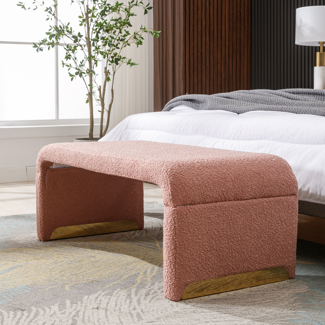 Boucle Fabric Loveseat Ottoman Bedroom Footstool With Gold Metal Legs- Pink_8