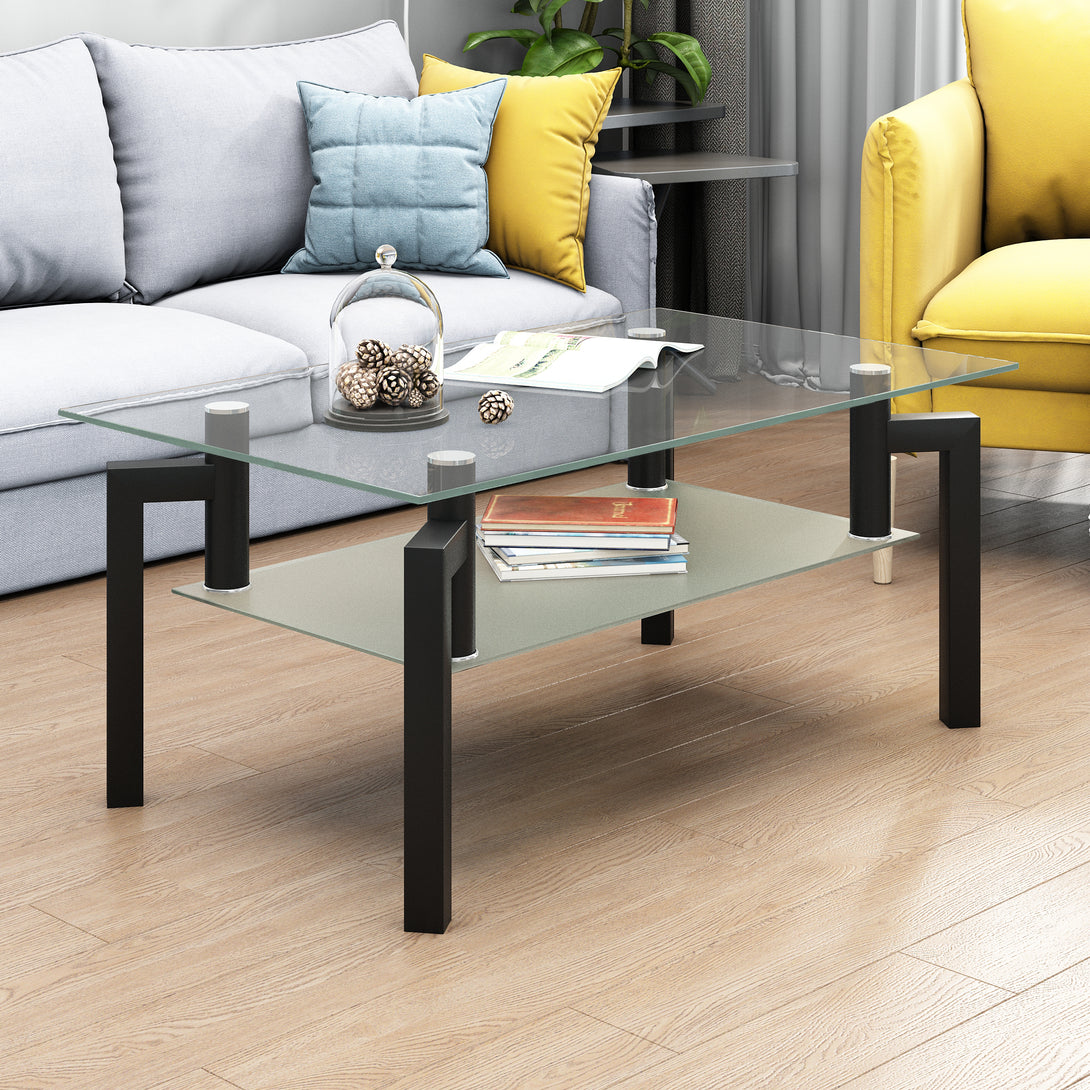 Rectangular Double Layer Tempered Glass Coffee Table with Metal Legs- Clear Glass+Black_1