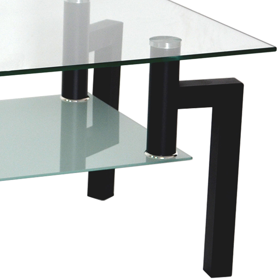 Rectangular Double Layer Tempered Glass Coffee Table with Metal Legs- Clear Glass+Black_5