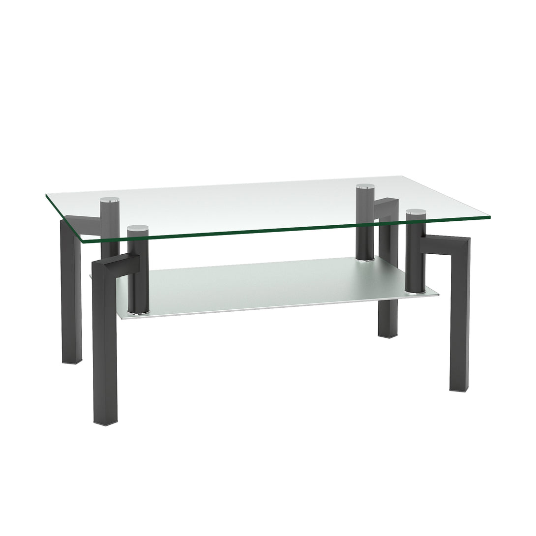 Rectangular Double Layer Tempered Glass Coffee Table with Metal Legs- Clear Glass+Black_4