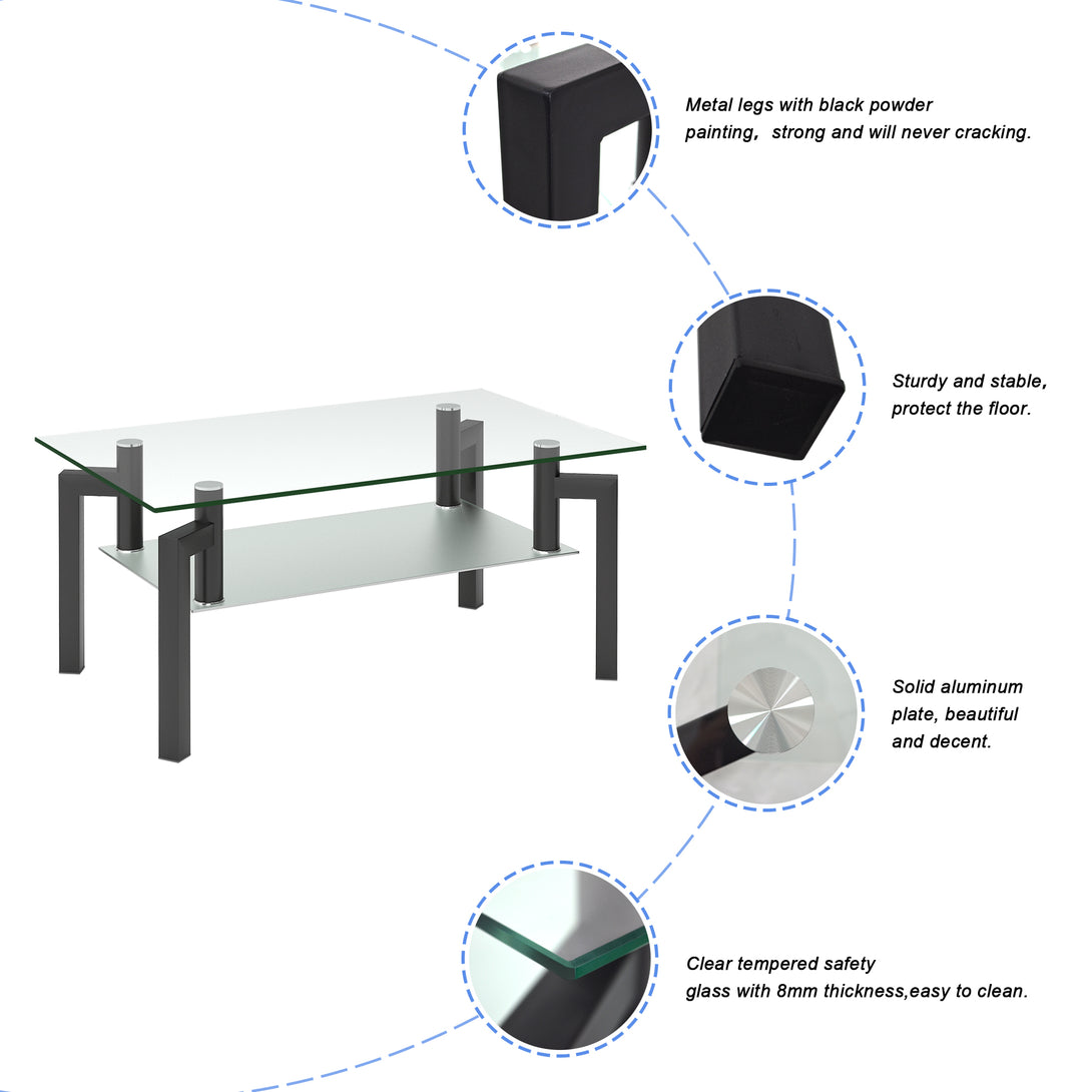 Rectangular Double Layer Tempered Glass Coffee Table with Metal Legs- Clear Glass+Black_8