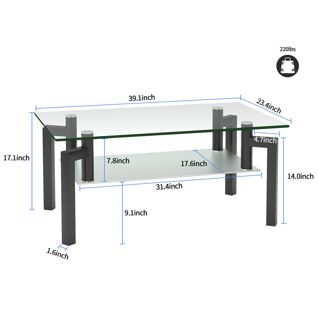 Rectangular Double Layer Tempered Glass Coffee Table with Metal Legs- Clear Glass+Black_7