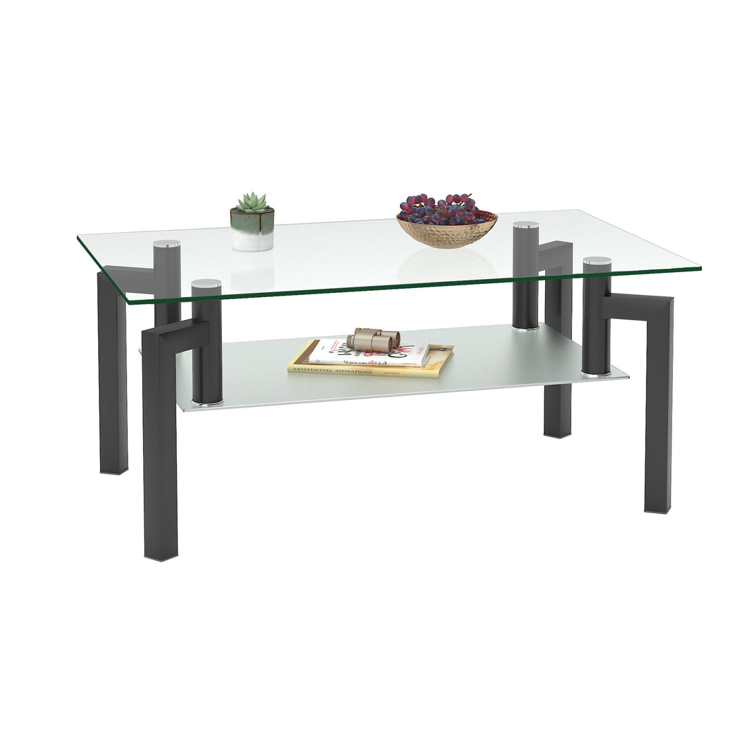 Rectangular Double Layer Tempered Glass Coffee Table with Metal Legs- Clear Glass+Black_3