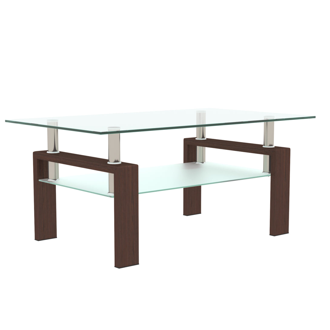 Rectangular Double Layer Tempered Glass Coffee Table with Metal Legs- Clear Glass+Walnut_3