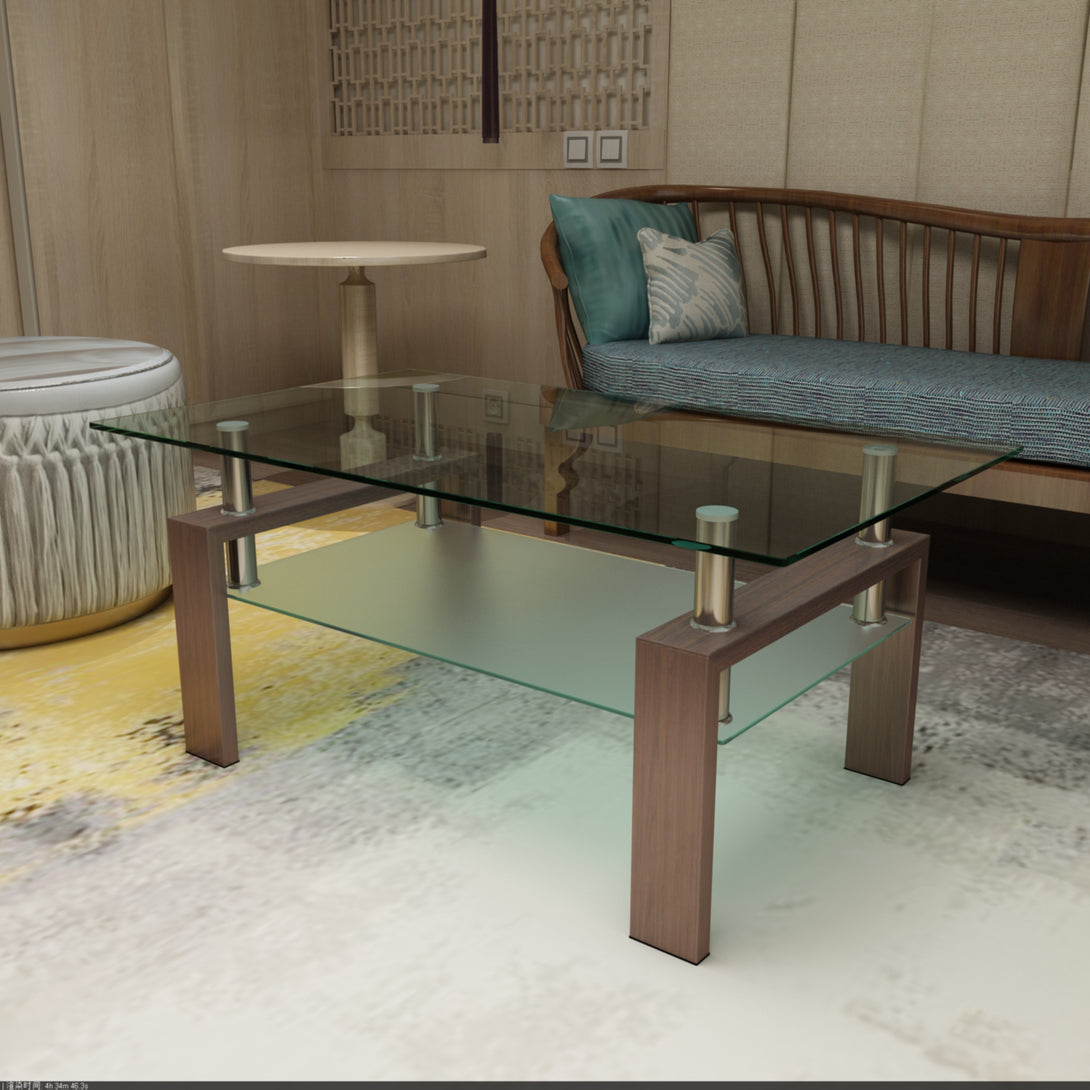 Rectangular Double Layer Tempered Glass Coffee Table with Metal Legs- Clear Glass+Walnut_1