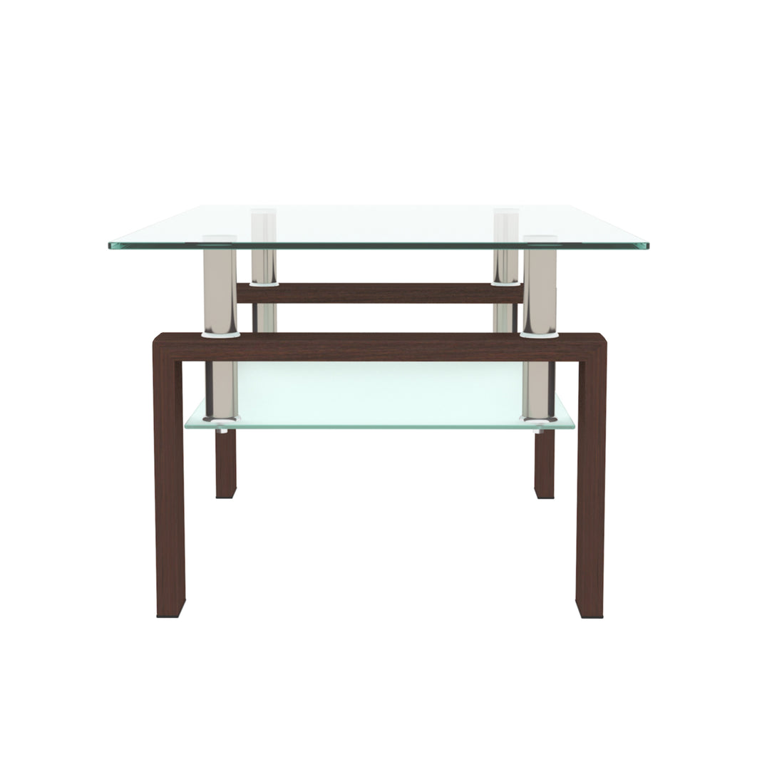 Rectangular Double Layer Tempered Glass Coffee Table with Metal Legs- Clear Glass+Walnut_5