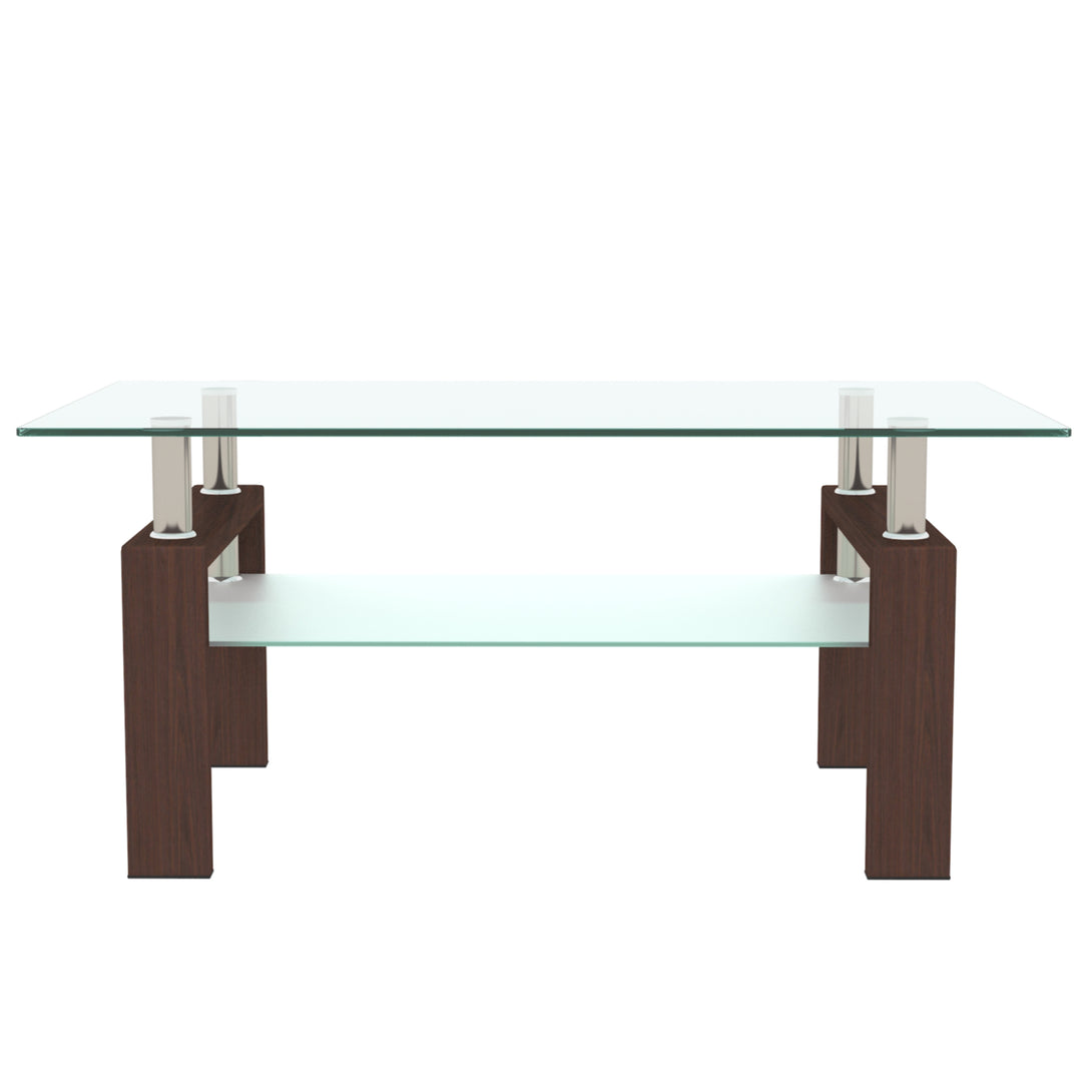 Rectangular Double Layer Tempered Glass Coffee Table with Metal Legs- Clear Glass+Walnut_4