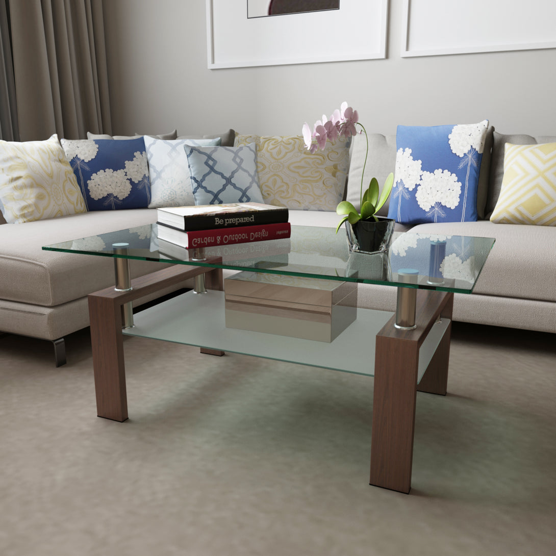 Rectangular Double Layer Tempered Glass Coffee Table with Metal Legs- Clear Glass+Walnut_2