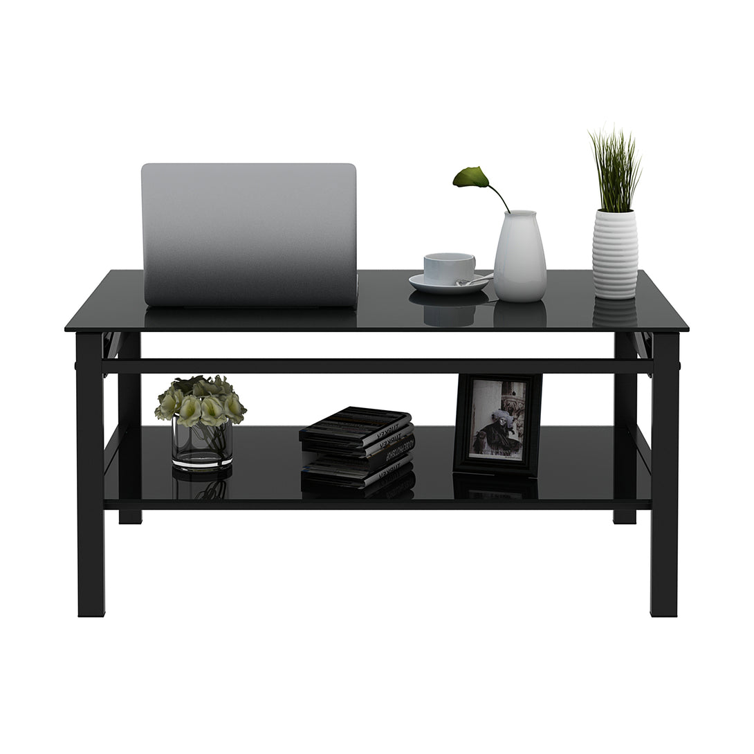 2 Layers Modern Designed Lifting Top Tempered Glass Coffee Table- Black_6