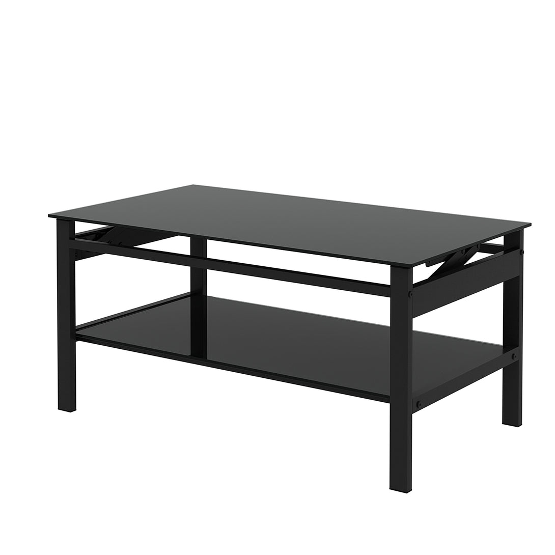 2 Layers Modern Designed Lifting Top Tempered Glass Coffee Table- Black_7