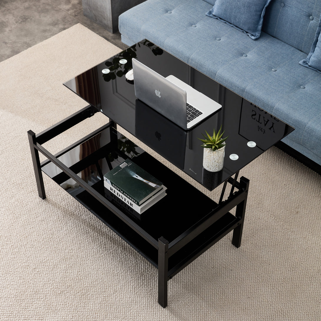 2 Layers Modern Designed Lifting Top Tempered Glass Coffee Table- Black_2