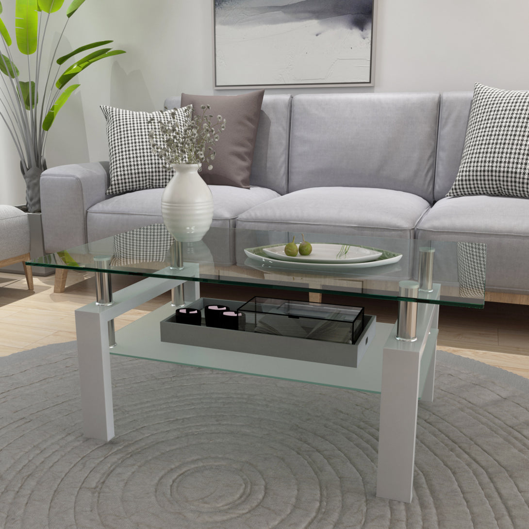 Rectangular Double Layer Tempered Glass Coffee Table with Metal Legs- Clear Glass+White_2