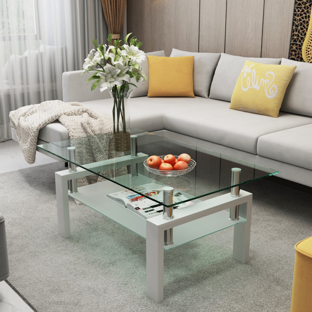 Rectangular Double Layer Tempered Glass Coffee Table with Metal Legs- Clear Glass+White_1