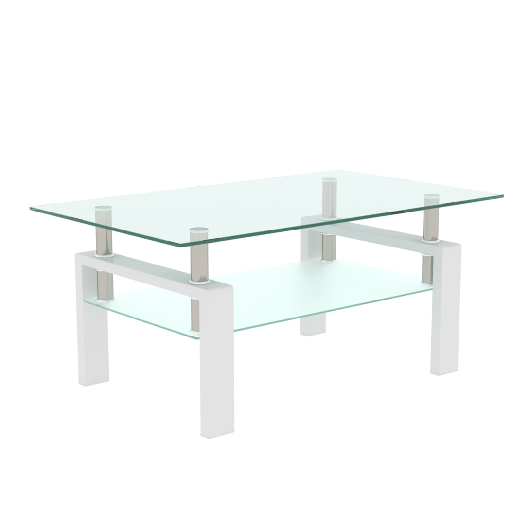 Rectangular Double Layer Tempered Glass Coffee Table with Metal Legs- Clear Glass+White_3