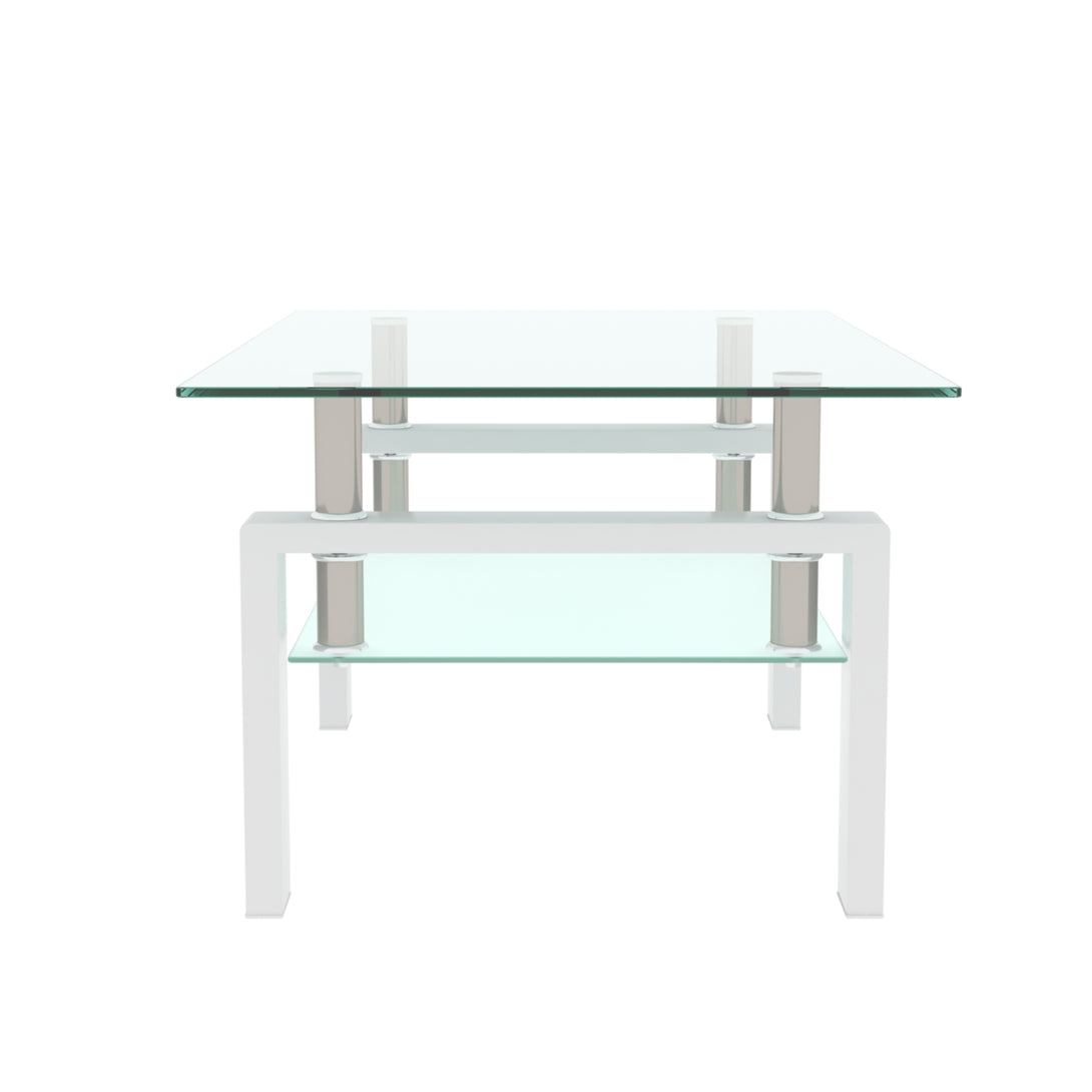 Rectangular Double Layer Tempered Glass Coffee Table with Metal Legs- Clear Glass+White_4