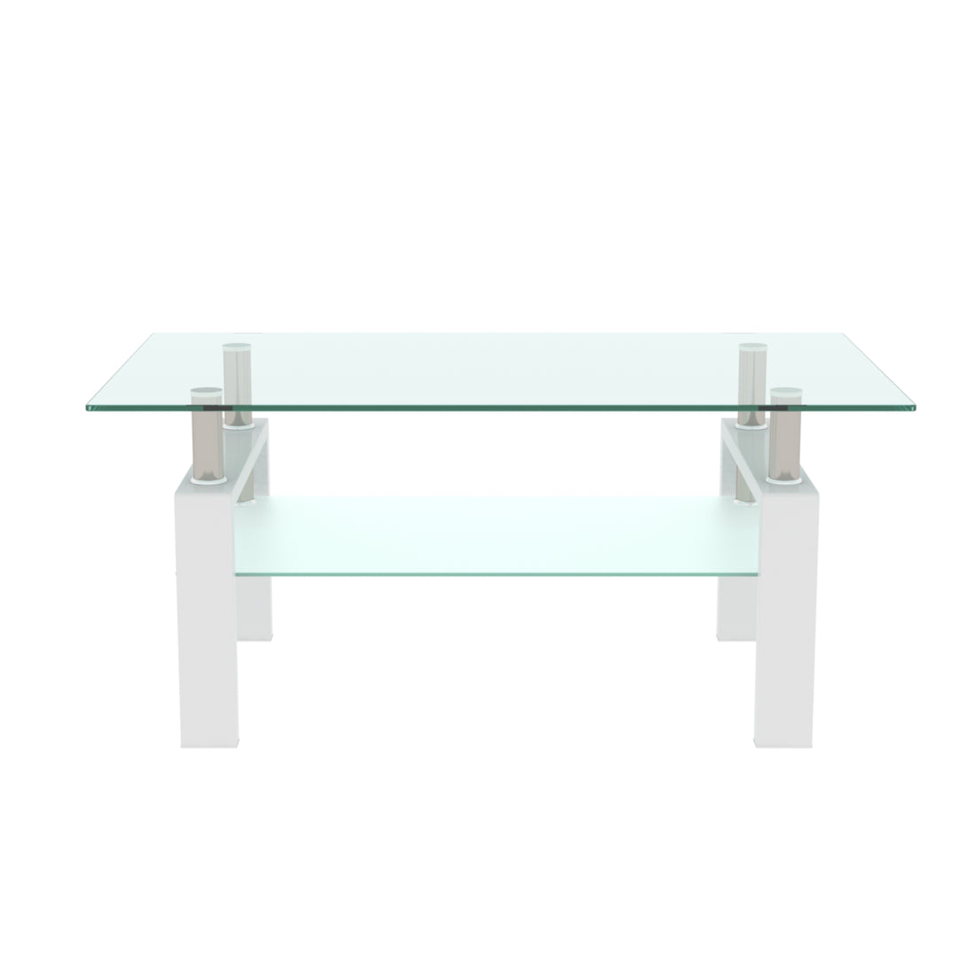 Rectangular Double Layer Tempered Glass Coffee Table with Metal Legs- Clear Glass+White_5