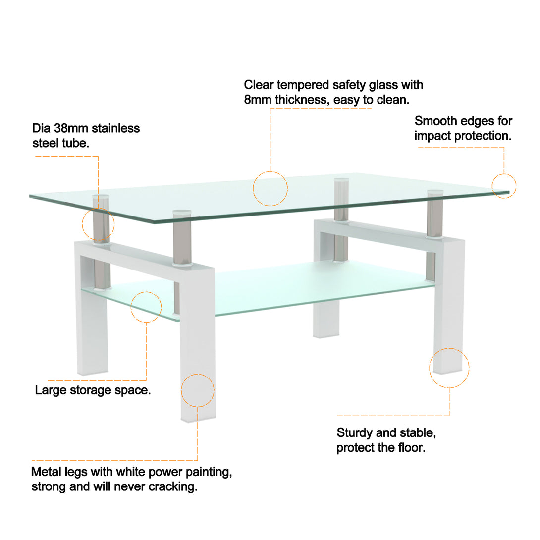 Rectangular Double Layer Tempered Glass Coffee Table with Metal Legs- Clear Glass+White_11