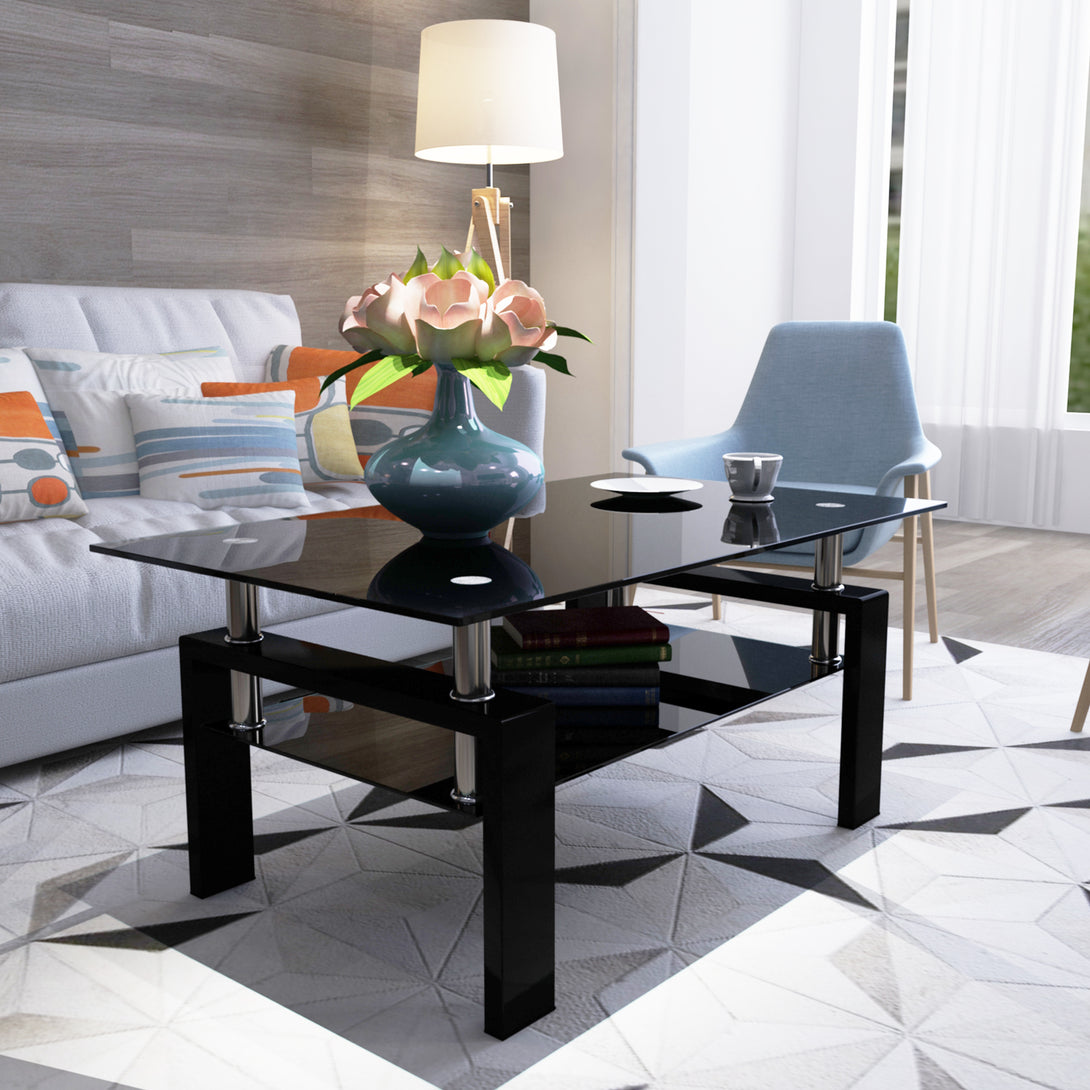 Rectangular Double Layer Tempered Glass Coffee Table with Metal Legs- Black Glass+Black_2