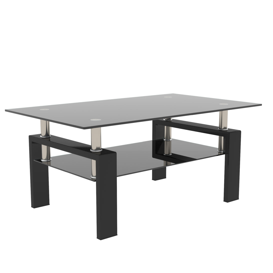 Rectangular Double Layer Tempered Glass Coffee Table with Metal Legs- Black Glass+Black_4