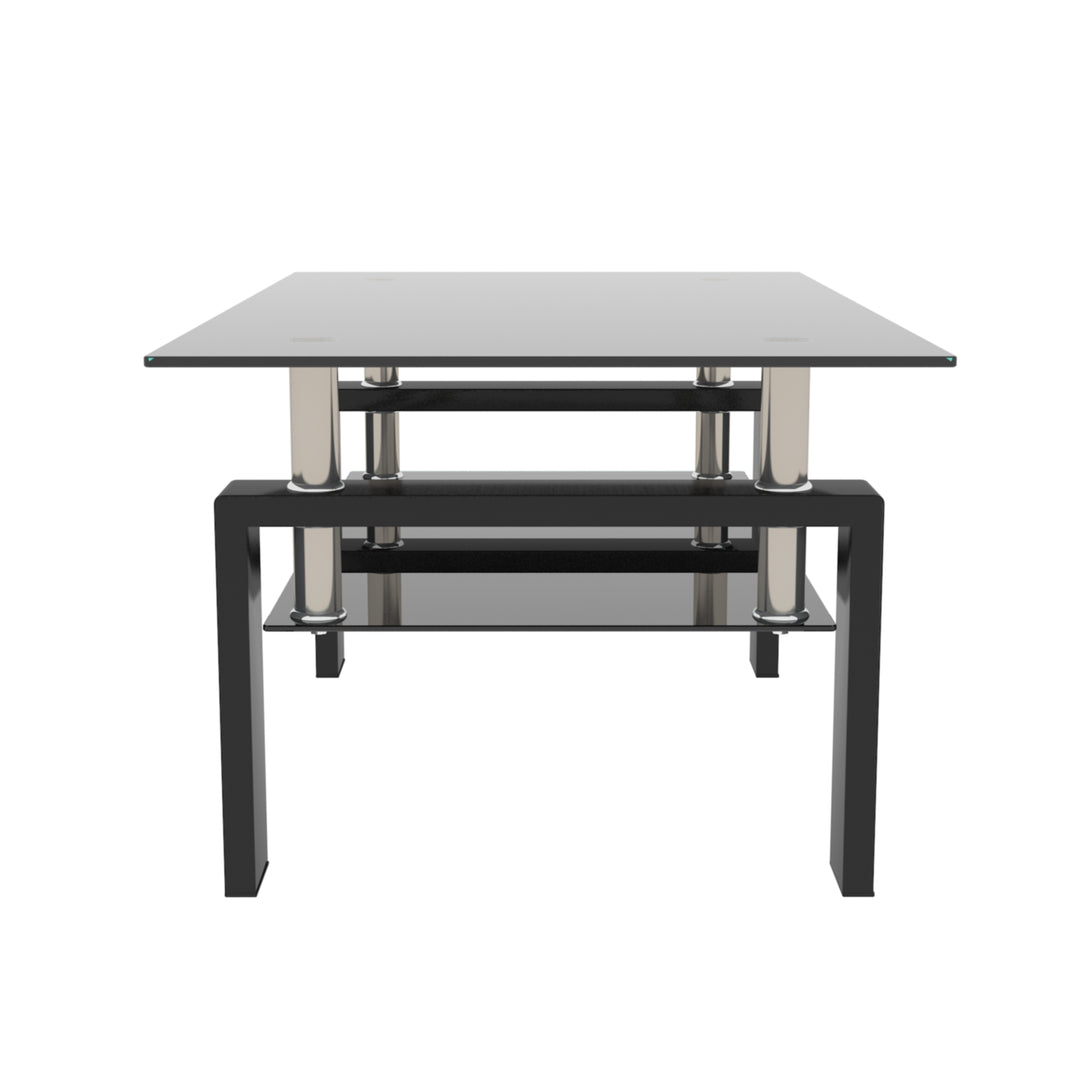 Rectangular Double Layer Tempered Glass Coffee Table with Metal Legs- Black Glass+Black_5