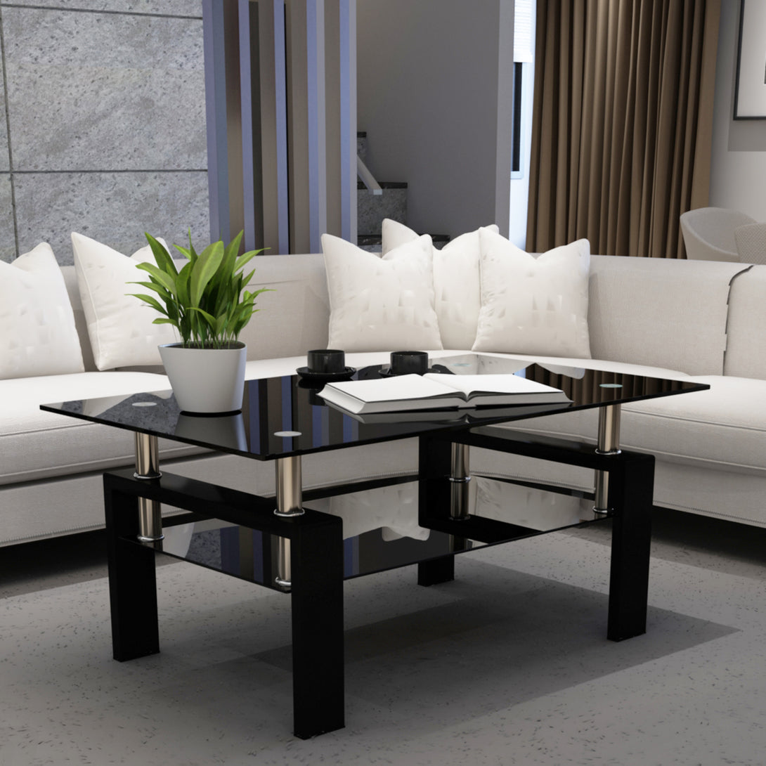 Rectangular Double Layer Tempered Glass Coffee Table with Metal Legs- Black Glass+Black_1