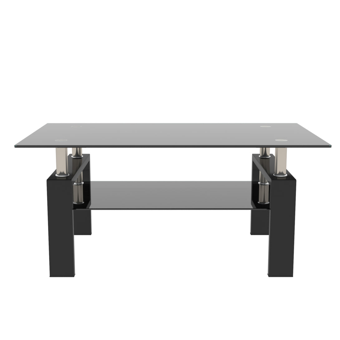 Rectangular Double Layer Tempered Glass Coffee Table with Metal Legs- Black Glass+Black_3