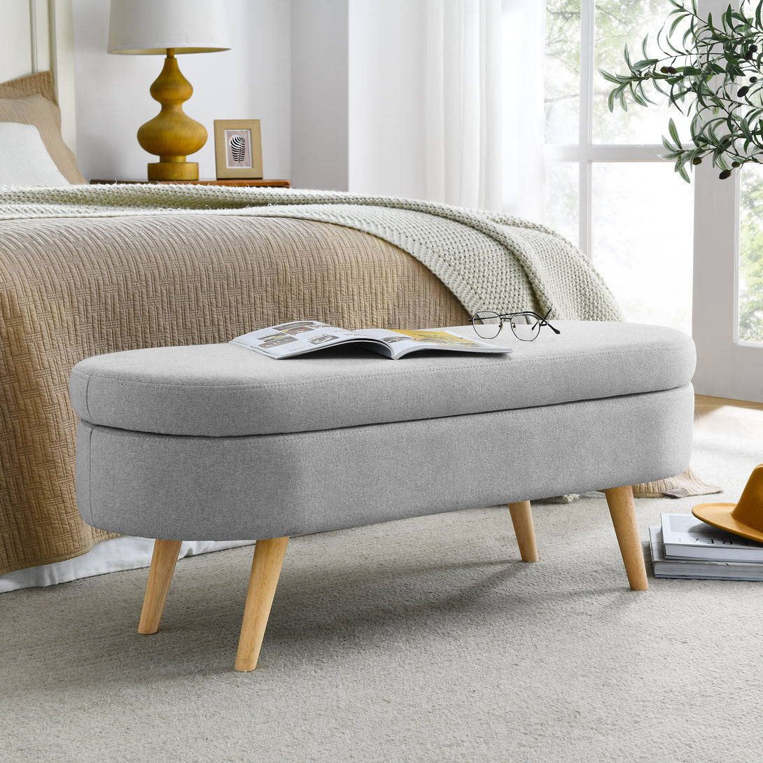 Oval Shaped Ottoman Linen Storage Bench with Wooden Legs- Grey_2