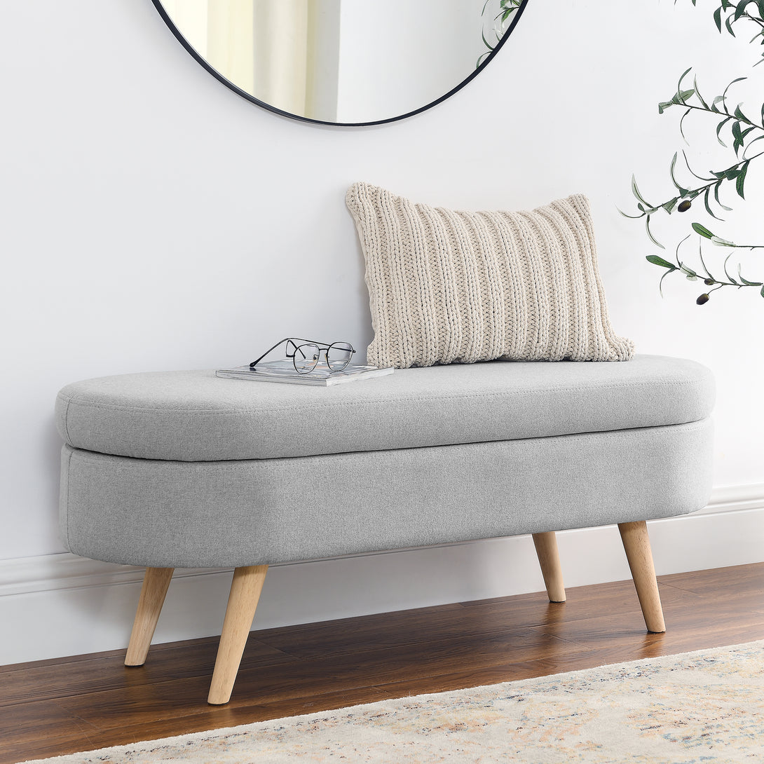 Oval Shaped Ottoman Linen Storage Bench with Wooden Legs- Grey_0