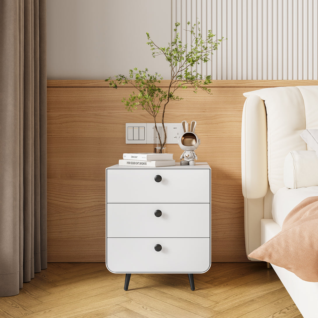 3 Drawers Nordic Minimalist Bedside Steel Cabinet with Round Handle- White_0