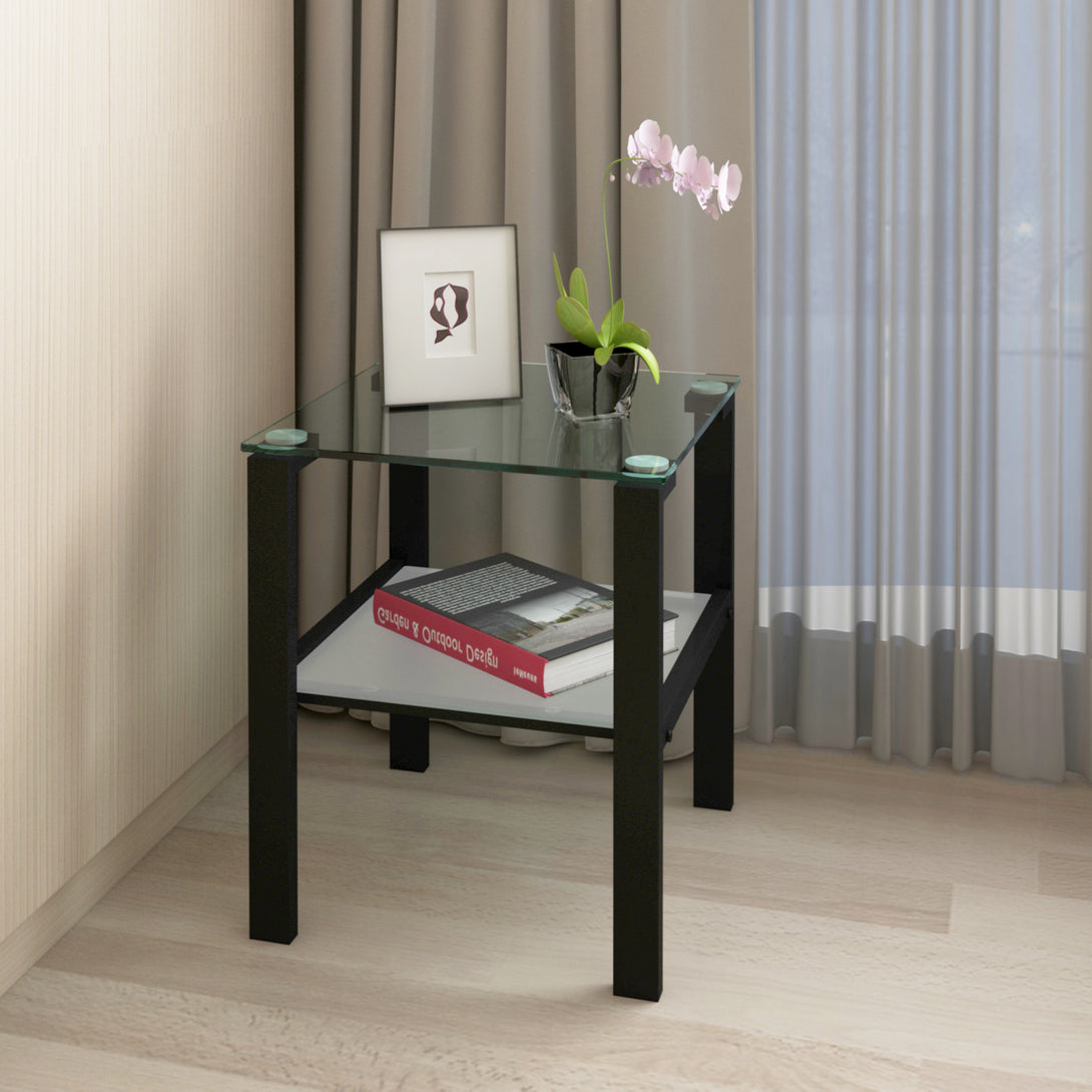 2pcs Two Layered Tempered Glass Small Bedroom Corner Home Tea Table- Transparent+Black_4