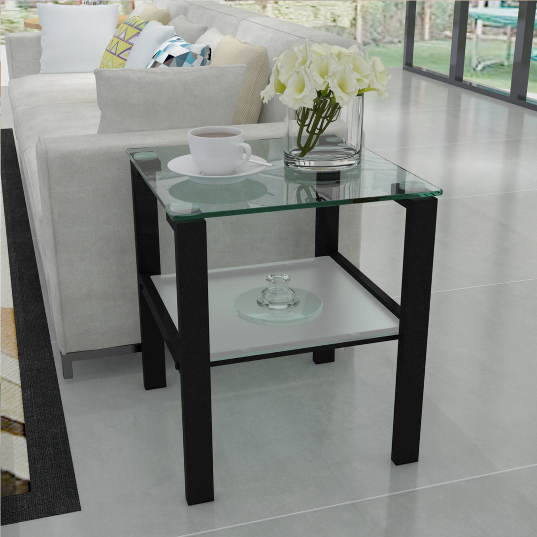 2pcs Two Layered Tempered Glass Small Bedroom Corner Home Tea Table- Transparent+Black_5