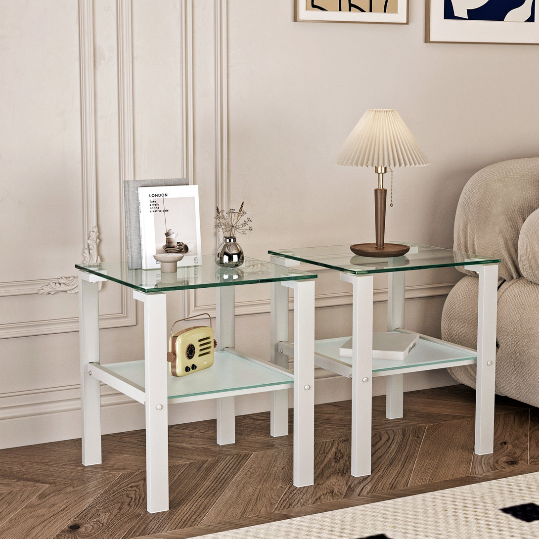 2pcs Two Layered Tempered Glass Small Bedroom Corner Home Tea Table- Transparent+White_0