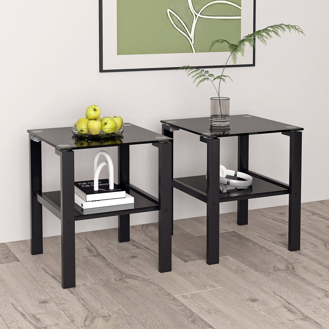 2pcs Two Layered Tempered Glass Small Bedroom Corner Home Tea Table- Black+Black_1