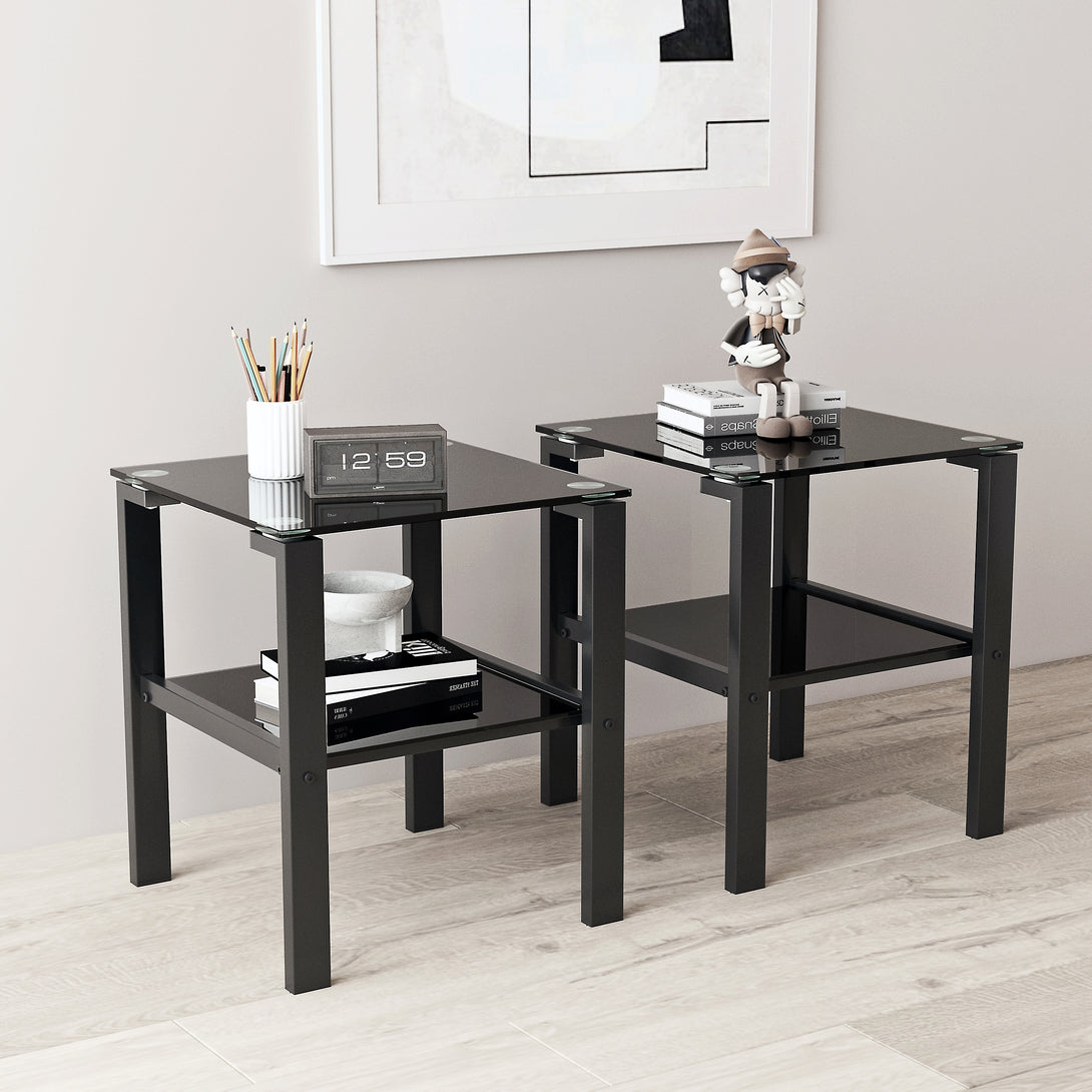 2pcs Two Layered Tempered Glass Small Bedroom Corner Home Tea Table- Black+Black_2